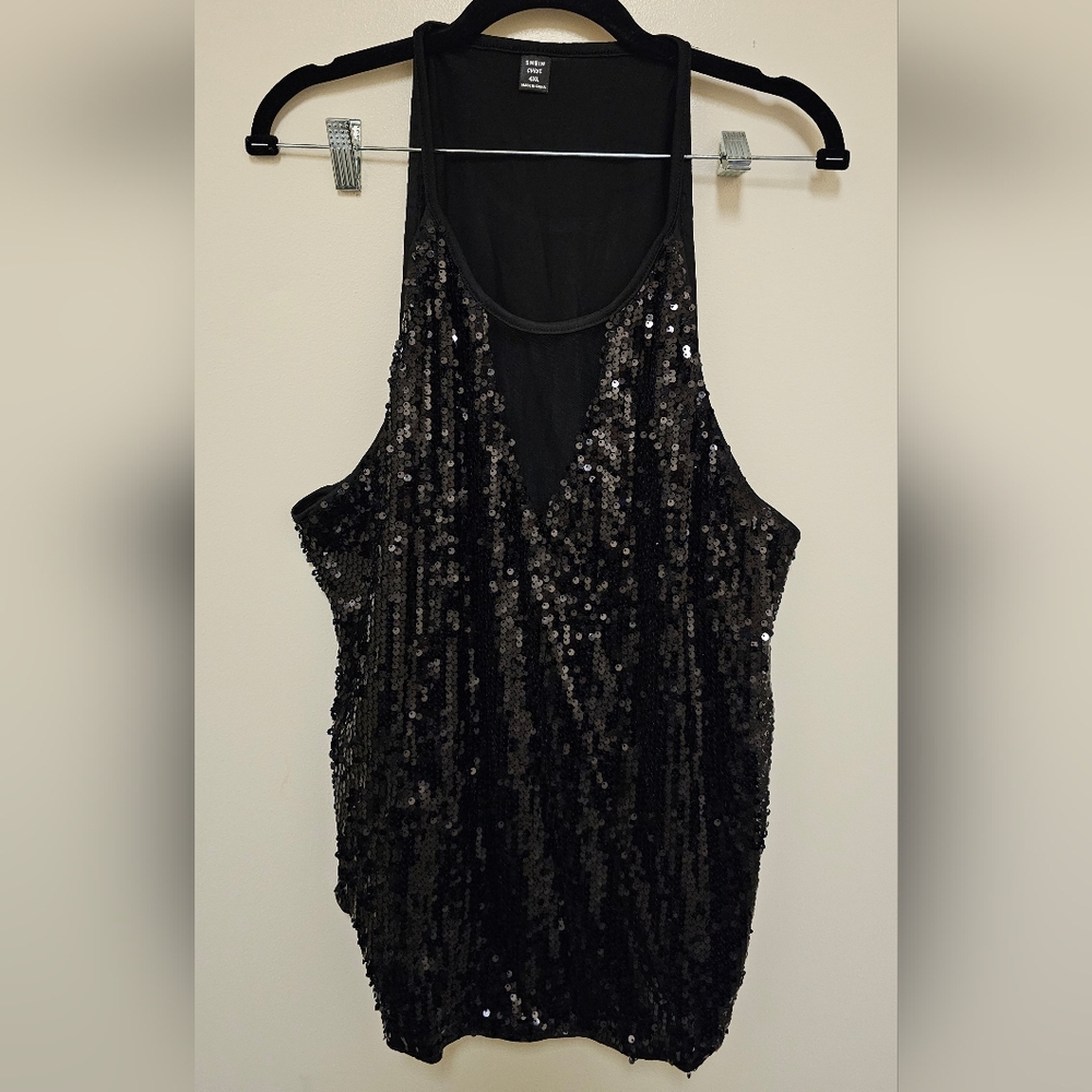 NWOT Shein Bae Plus Contrast Mesh Sequin Cami Top Black "4X"
